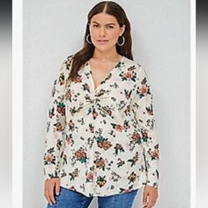 Lane Bryant Cream Floral Twist Blouse